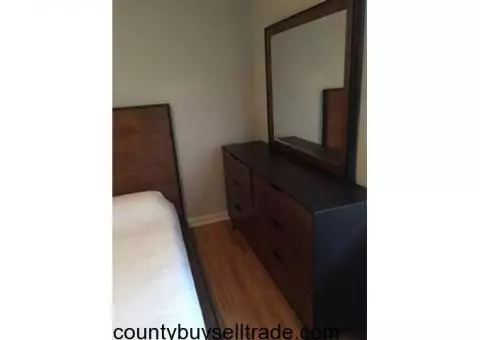 Queen Platform Bed, Mirrored Dresser, Nightstand