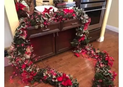 Christmas Garland 15' with Poinsettia, Holly, Red Lights on Green Pine Garland