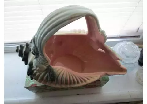 Hull Pottery Seashell Planter w/ Koi Fish Handle