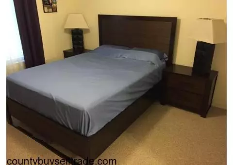 new queen size bed, night stand, lamp and mattress included