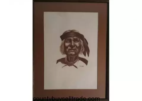 Robert Lemler artist charcoal portrait Native American Indian framed