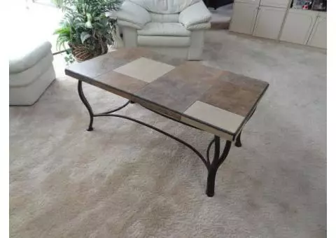 STONE TILED COFFEE TABLE ON WROUGHT IRON BASE