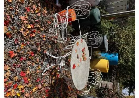 Wrought iron table 3 chairs marble top