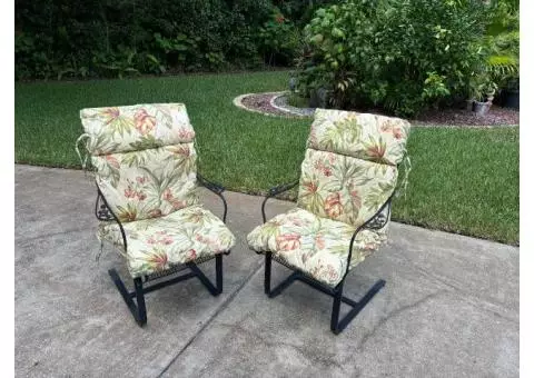 Two Wrought Iron Spring Metal Lounge Rocker Chairs with Cushions - $150 (Homosassa)