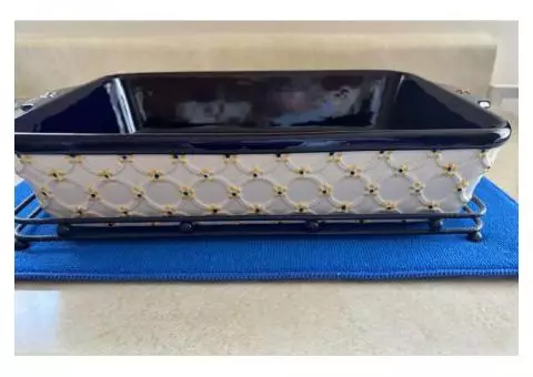 3 Piece 15" Temp-tations Old World Blue Rectangular Baker w/Metal Stand