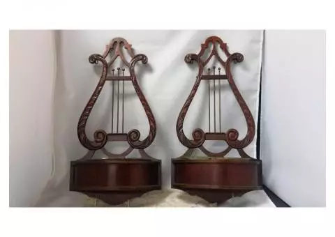 Pair Antique Lyre Back Wood Planter Sconces with Copper Trays