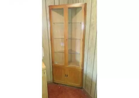 Cabinet, Blond Wood and Glass, Mid-Century Modern