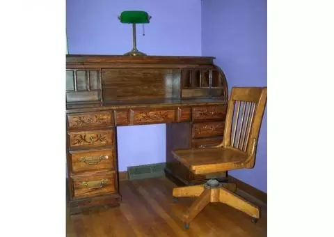 Wood Roll-Top Desk, Rolling Wood Desk Chair & Bankers Lamp