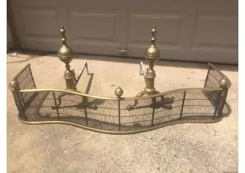 Solid Brass Antique Andirons and Grill