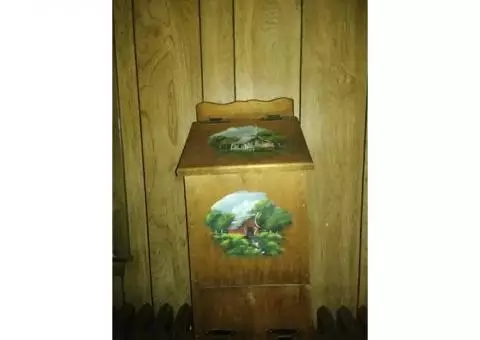 Wooden Potato box, Black lamp with gray lamp shade and floral design