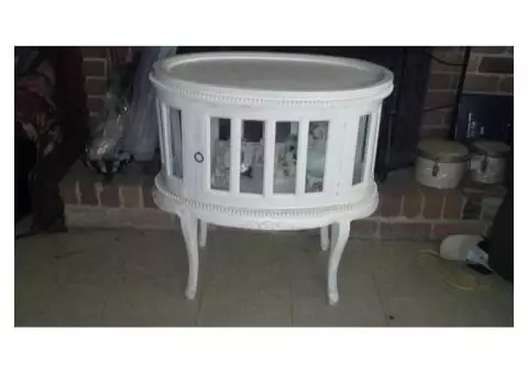 Antique Queen Anne White 2 Sided Glass Doors Tea Cabinet w/Serving Tray