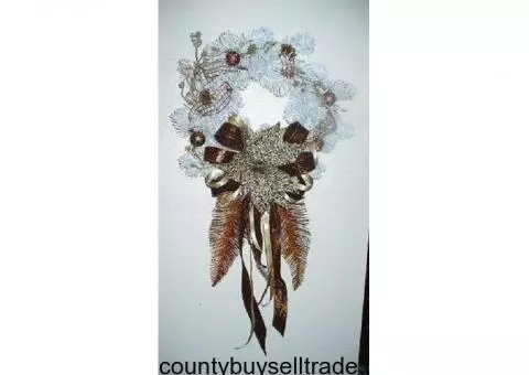 Three [med] White Handcrafted Christmas Wreaths & Evergreen Candelabra!