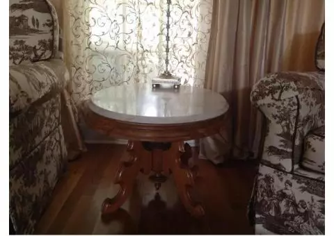 Antique blonde oak and marble top end tables