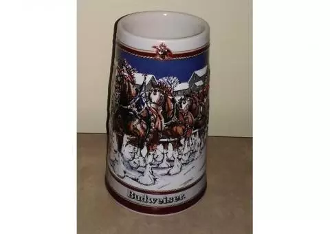 2/Anheuser Bush Beer Stein & Budweiser Stein-Christmas Winter Setting