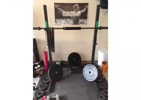 Weights, Heavy Duty Adjustable Rack with Bar, Bumper Plates, Trap Bar, Treadmill, and Kick Bag