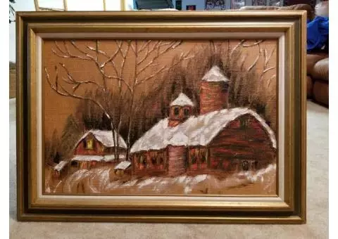 Framed Original Painting on Burlap Winter Scene