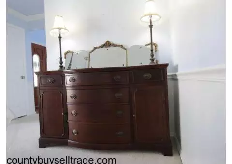 ANTIQUE 1940s Cherry Buffet, Mirror, Lamps