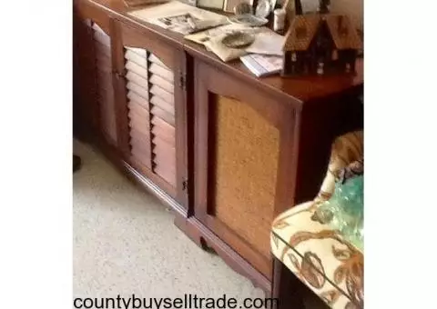 Mid Century Stereo Cabinet n Two Speakers SolidCherry