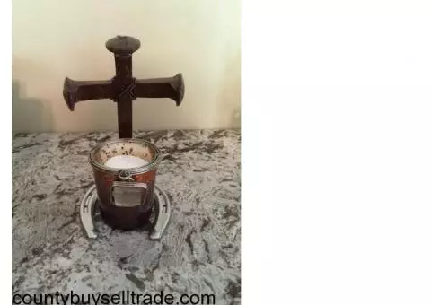 Horseshoe Railroad Spike  Cross Candleholder