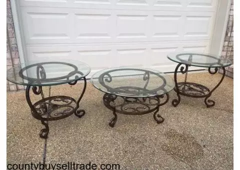 Wrought iron and glass coffee and end tables